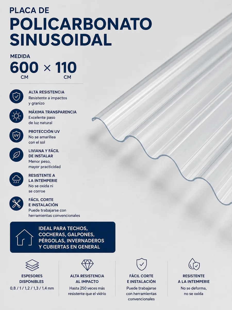 Placa de policarbonato sinusoidal — especificaciones y medidas